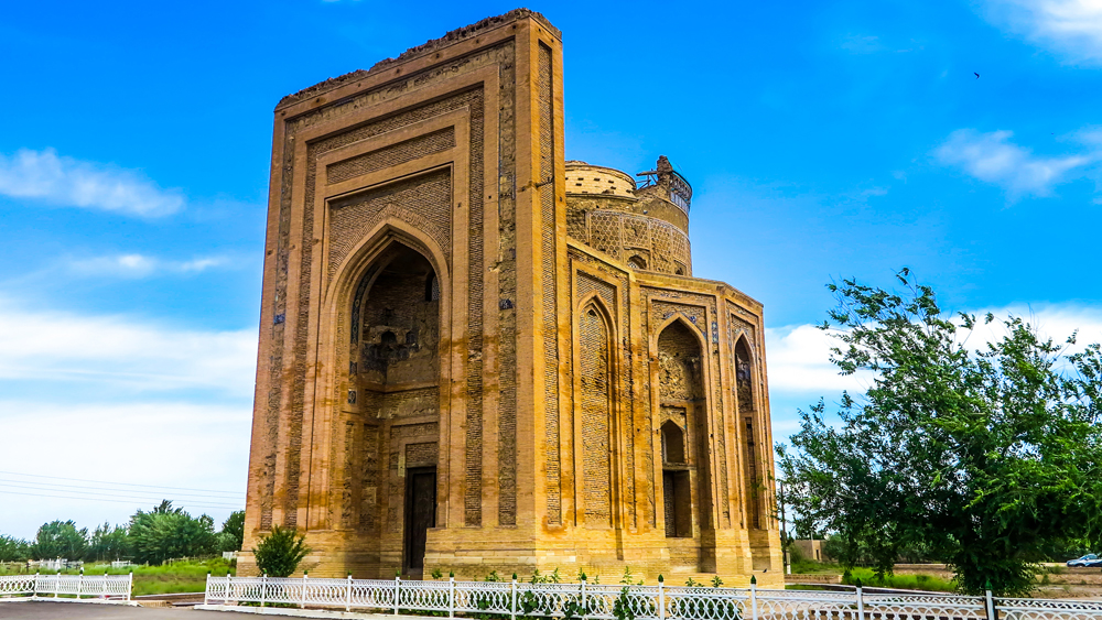 Konye Urgench Turabek Khanum Mausoleum View with Blue Sky Background